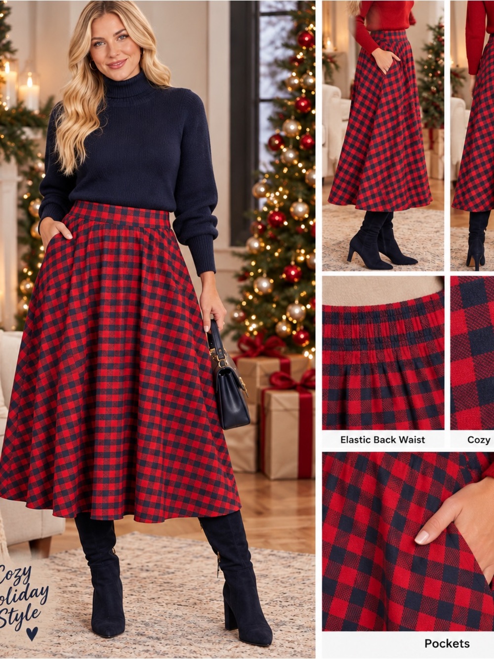 Tulip B Red Navy Buffalo Plaid Flannel Midi Skirt XL Pockets Holiday - Picture 5 of 8